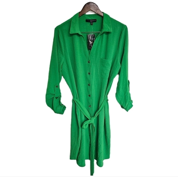 Dresses & Skirts - Green button front long sleeve belted dress size XL
